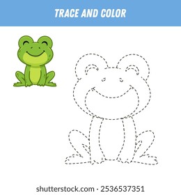 Trace line and color cute cartoon frog. Handwriting practice. Educational worksheet for preschool kids. Activity page. Animal coloring. Vector illustration