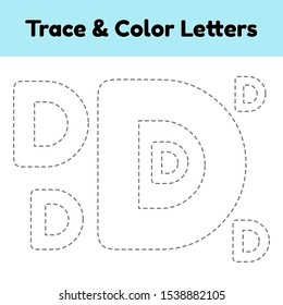 Trace line letter for kindergarten and preshool kids. Write and color d. Vector Illustration.