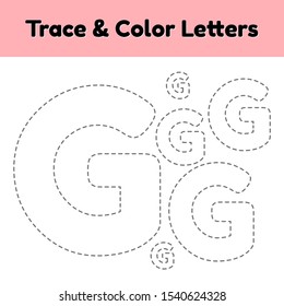Trace line letter for kindergarten and preshool kids. Write and color g. Vector Illustration.