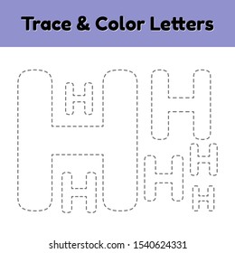 Trace line letter for kindergarten and preshool kids. Write and color h. Vector Illustration.