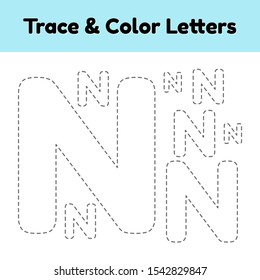 Trace line letter for kindergarten and preshool kids. Write and color n. Vector Illustration.