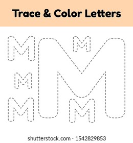 Trace line letter for kindergarten and preshool kids. Write and color m. Vector Illustration.
