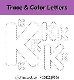 Trace line letter for kindergarten and preshool kids. Write and color k. Vector Illustration.