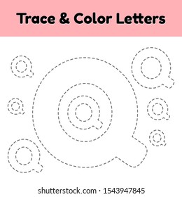 Trace line letter for kindergarten and preshool kids. Write and color q. Vector Illustration.
