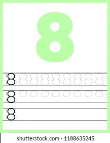 Trace line number for kindergarten and preshool kids. Write a eight. Pastel color green. Dot background. Vector illustration.