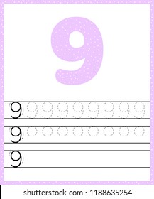 Trace line number for kindergarten and preshool kids. Write a nine. Pastel color violet. Dot background. Vector illustration.