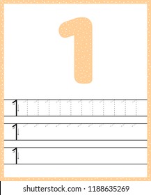Trace line number for kindergarten and preshool kids. Write a one. Pastel color orange. Dot background. Vector illustration.