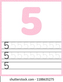 Trace line number for kindergarten and preshool kids. Write a five. Pastel color pink. Dot background. Vector illustration.