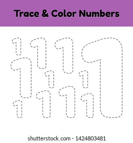Trace line number for kindergarten and preshool kids. Write and color a one. Vector illustration.
