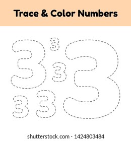 Trace line number for kindergarten and preshool kids. Write and color a three. Vector illustration.