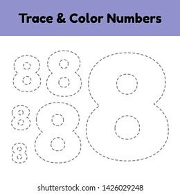 Trace line number for kindergarten and preshool kids. Write and color a eight. Vector illustration.