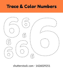 Trace line number for kindergarten and preshool kids. Write and color a six. Vector illustration.