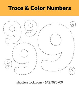 Trace line number for kindergarten and preshool kids. Write and color a nine. Vector illustration.
