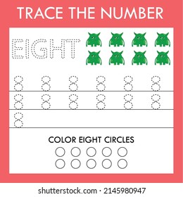 Trace line , number worksheet with monsters for kids, practicing fine motor skills.  Educational game for preschool children. 