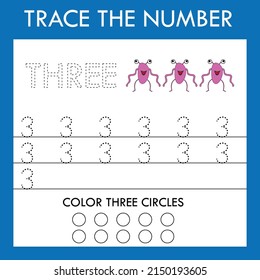 Trace line , number worksheet with monsters for kids, practicing fine motor skills.  Educational game for preschool children. 