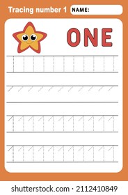 Trace line numbers for kindergarten and preshool kids. Tracing number 1 worksheet for kindergarten, preschool for learning numbers and handwriting practice activities.