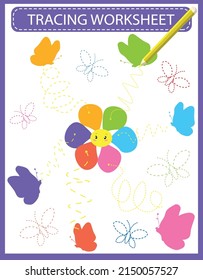 Trace line page game for kids with different zig zags, butterflies and flower.Preschool or kindergarten tracing worksheet with dashed lines for practicing fine motor skills.Handwriting practice sheet