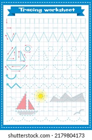 Juego de páginas de línea de seguimiento para niños con diferentes líneas, formas, sol, barco. Hoja de trabajo de seguimiento de preescolar o kindergarten con líneas discontinuas para practicar buenas habilidades motoras.Hoja de práctica de escritura a mano