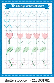 Trace line page game for kids with different lines, butterfly, tulips, leaves. Preschool or kindergarten tracing worksheet with dashed lines for practicing fine motor skills.Handwriting practice sheet - Shutterstock ID 2181031981