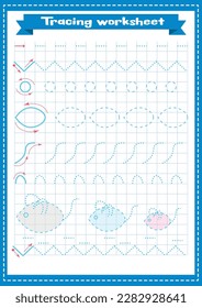 Trace line page game for kids with different lines, shapes, simple mouse draw. Preschool or kindergarten tracing worksheet with dashed lines for practicing fine motor skills.Handwriting practice sheet