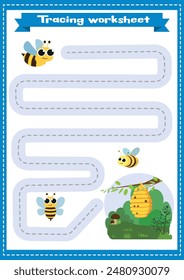 Trace línea juego de página para niños con abejas y colmena. Hoja de trabajo de seguimiento de preescolar o kindergarten con líneas discontinuas para practicar habilidades motoras finas.Hoja de práctica de escritura a mano