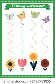 Trace line page game for kids with butterflies and flowers. Preschool or kindergarten tracing worksheet with dashed lines for practicing fine motor skills.Handwriting practice sheet