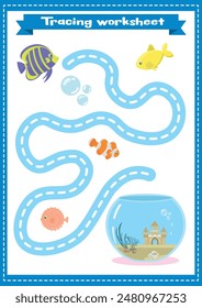 Trace line page game for kids with aquarium fish. Preschool or kindergarten tracing worksheet with dashed lines for practicing fine motor skills.Handwriting practice sheet