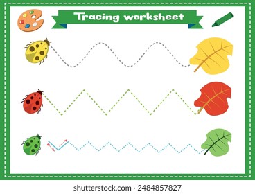 Trace Line Page Spiel für Kinder mit Blättern und Marienkäfer. Arbeitsblatt zur Nachverfolgung von Vorschulen oder Kindergärten mit gestrichelten Linien zum Üben von Feinmotorik.Handschrift-Übungsblatt