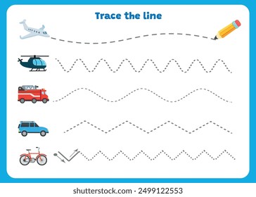 Trace line page game for kids with vehicles. Preschool or kindergarten tracing worksheet with dashed lines for practicing fine motor skills.Handwriting practice sheet	