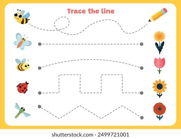 Trace line page game for kids with  zig zags bugs and flowers.Preschool or kindergarten tracing worksheet with dashed lines for practicing fine motor skills.Handwriting practice sheet