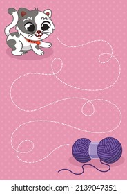 Trace line vector for preschool or kindergarten kids education. Developing fine motor skills. In the theme of cute cartoon kitty reaching a wool yarn.