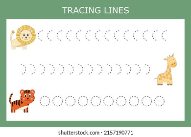 Trace line worksheet with animals for kids, practicing fine motor skills.  Educational game for preschool children. 