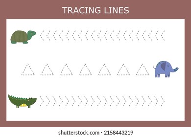 Trace line worksheet with animals for kids, practicing fine motor skills.  Educational game for preschool children. 