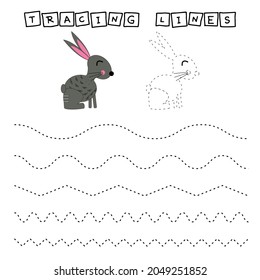 Trace line worksheet with animals rabbit for kids, practicing fine motor skills.  Educational game for preschool children. 