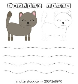 Trace line worksheet with  cat for kids, practicing fine motor skills.  Educational game for preschool children. 
