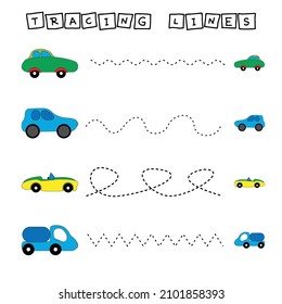 Trace line worksheet with colorful cars for kids, practicing fine motor skills.  Educational game for preschool children. 
