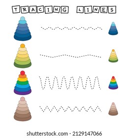 Trace line worksheet with colorful pyramids for kids, practicing fine motor skills.  Educational game for preschool children. 
