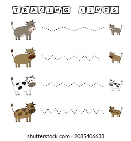 Trace line worksheet with  cows for kids, practicing fine motor skills.  Educational game for preschool children. 
