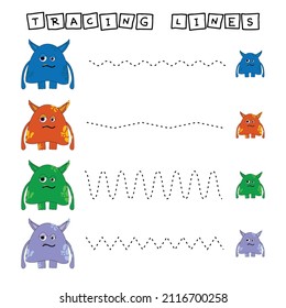 Trace line worksheet with  cute colorful monsters for kids, practicing fine motor skills.  Educational game for preschool children. 
