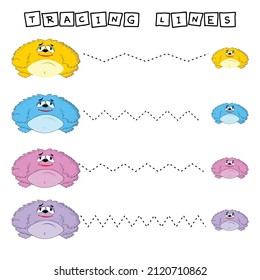 Trace line worksheet with  cute colorful monsters for kids, practicing fine motor skills.  Educational game for preschool children. 