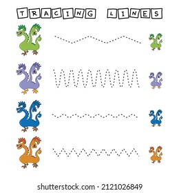 Trace line worksheet with  cute colorful monsters for kids, practicing fine motor skills.  Educational game for preschool children. 