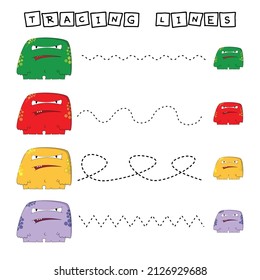 Trace line worksheet with  cute colorful monsters for kids, practicing fine motor skills.  Educational game for preschool children. 