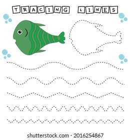Trace line worksheet with fishes for kids, practicing fine motor skills.  Educational game for preschool children. 
