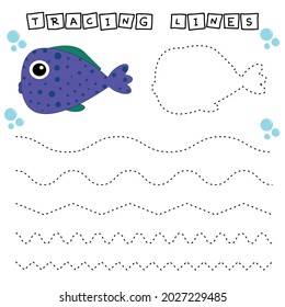 Trace line worksheet with fishes for kids, practicing fine motor skills.  Educational game for preschool children. 