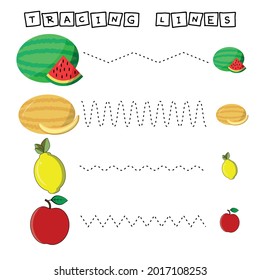 Trace line worksheet with fruites for kids, practicing fine motor skills.  Educational game for preschool children. 
