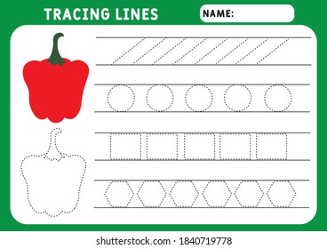 Trace line worksheet for kids. Basic writing. Working pages for children. Preschool or kindergarten worksheet.  pepper. Trace the pattern. Illustration and vector outline - A4 paper