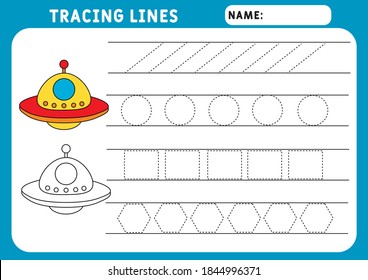Trace line worksheet for kids. Basic writing. Working pages for children. Funny little UFO. Preschool or kindergarten worksheet. Trace the pattern. Illustration and vector outline - A4 paper