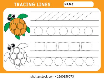 Trace line worksheet for kids. Basic writing. Working pages for children. Funny little sea turtle. Preschool or kindergarten worksheet. Trace the pattern. Illustration and vector outline - A4 paper