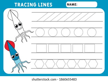 Trace line worksheet for kids. Basic writing. Working pages for children. Funny little squid. Preschool or kindergarten worksheet. Trace the pattern. Illustration and vector outline - A4 paper