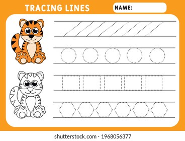 Trace line worksheet for kids. Basic writing. Working pages for children. Preschool or kindergarten worksheet. Trace the pattern. Illustration and vector outline - A4 paper ready to print.
tiger 